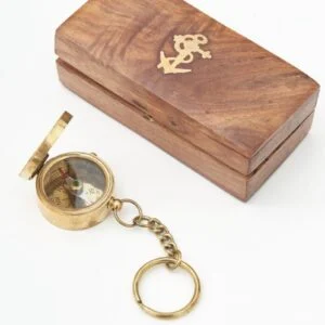 Batela Compass w/ Lid Keyring w/ Inlaid Wooden Box, Antiqued Brass