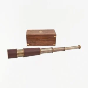Batela Telescope w/ Leather Detail & Inlaid Wooden Box, Antiqued Brass, D: 2.2" - L: 18.9"