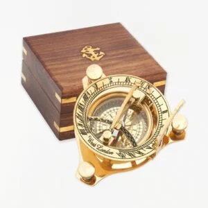 Batela West London Sundial w/ Inlaid Wooden Box, Brass