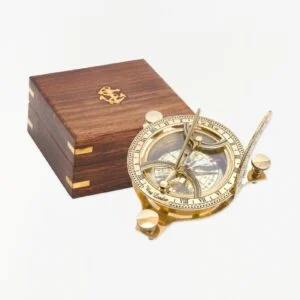 Batela Sundial & Compass w/ Inlaid Wooden Box, Brass, 3.9"