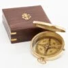 Batela Compass w/ Lid & Inlaid Wooden Box, Antiqued Brass, D: 3.1"