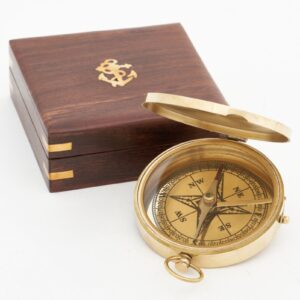 Batela Compass w/ Lid & Inlaid Wooden Box, Antiqued Brass, D: 3.1"