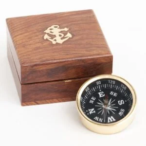 Batela Compass w/ Black Face & Inlaid Wooden Box, D: 2"