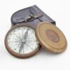 Batela Compass w/ Lid & Leather Case, Antiqued Brass, D: 3"