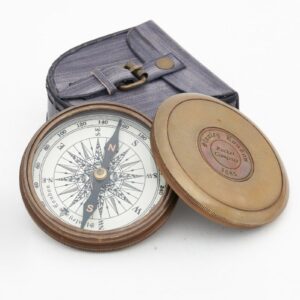 Batela Compass w/ Lid & Leather Case, Antiqued Brass, D: 3"