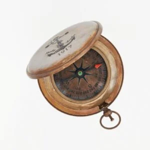 Batela 1917 Pocket Compass w/ Hinged Lid, Antiqued Brass, D: 3"
