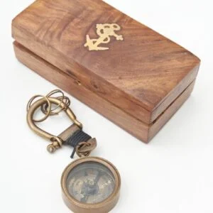 Batela Compass w/ Ship Keyring, Inlaid Wooden Box, Antiqued Brass