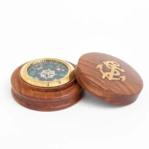 Batela Compass w/ Wood Base & Inlaid Wooden Lid, Brass, D: 2.8