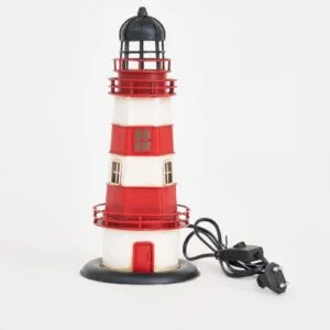 Batela Lighthouse w/ Led, Metal, Red & White, D: 5.5" - H: 12.5