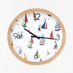 Batela Sailboats w/ Wood Frame Wall Clock, Rnd, White & Multi-Colors, D: 19. 6