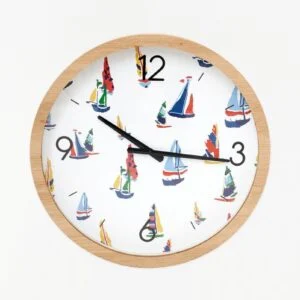 Batela Sailboats w/ Wood Frame Wall Clock, Rnd, White & Multi-Colors, D: 19. 6