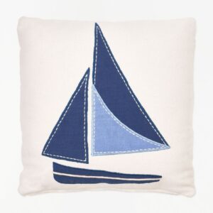 Batela Applicated Sailing Boat Pillow, Cotton, Cream & Blues, L: 17.7" - H: 17.7