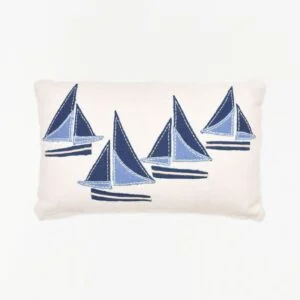 Batela Applicated Sailing Boats Pillow, Cotton, Cream & Blues, L: 19.5" H: 11.8