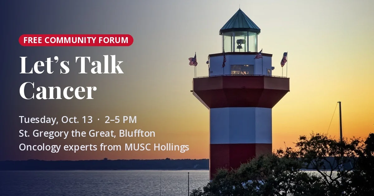 Harbour Town Lighthouse at sunset over Calibogue Sound, with event details for the Let's Talk Cancer forum